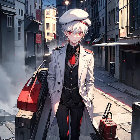 1 Small young man, 16 years old, white hair, red eyes, clothes, 8-piece beret - Peaky Blinders style, black clothes, looks calm and serious, perception of the front, close to the face, walking down the street at night, fog