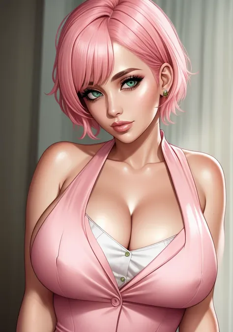 detailed woman in a suit, short pink hair, green eyes, cleavage