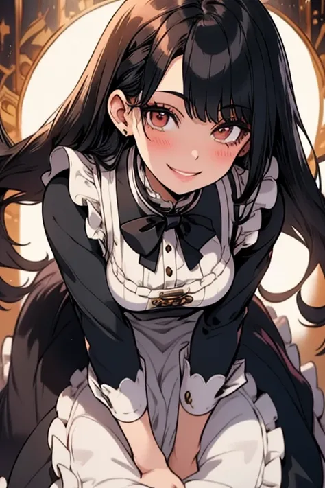 Perfect face. Perfect hands. A black haired woman with brown eyes and an hourglass figure in a Lolita maid outfit is smiling while leaning forward in a fancy maid cafe
