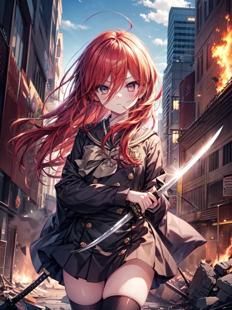 shana, redhead, red eyes, long hair,Ahoge Misaki High School uniform,black rider suit,Misaki High School Skirt,black knee high socks,brown loafers,In his left hand he holds a Japanese sword wrapped in flames.,city of rubble,Explosive flame,(masterpiece:1.2...