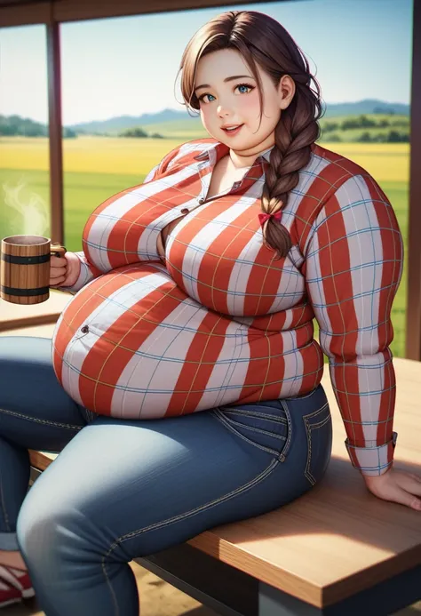 masterpiece, anime, Quiet and beautiful wheat field, Daytime, Ray Tracing, detailed reflections, Complex, Attention to detail, dramatic, 最高品質のmasterpiece, Realistic, detailed, 8k, High resolution, ((Obese women))、(Flannel shirt and jeans), Drowsy face、Fall...