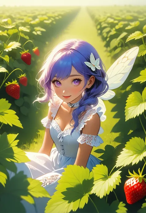 a portrait of a female fairy resting in a (field of strawberries: 1.3) extremely beautiful fairy, ((full body: 1.5)), ((anatomically correct: 1.5)), (ultra detailed face: 1.2),ultra feminine, busty, best detailed face, dynamic hair color, dynamic hair styl...