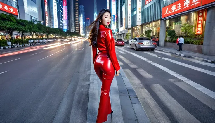 "Create a 12k HDR image of a Chinese metropolis with tall buildings, A Korean woman, of unprecedented beauty, light-makeup, stunning with long hair and red latex pants and blouse, street movements. Close-up, right angle socket , Ao redor dela, capture the ...