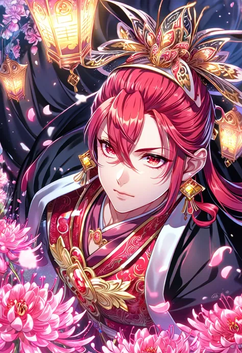 absurd resolution, high resolution, ultra detailed, detailed eyes, extremely detailed, HDR, 8K, Ren Kouen, red hair, hair tied back into a topknot, hair between the eyes, red goatee, expressive red eyes, Magi The Labyrinth of Magic, solo, sexy man, handsom...