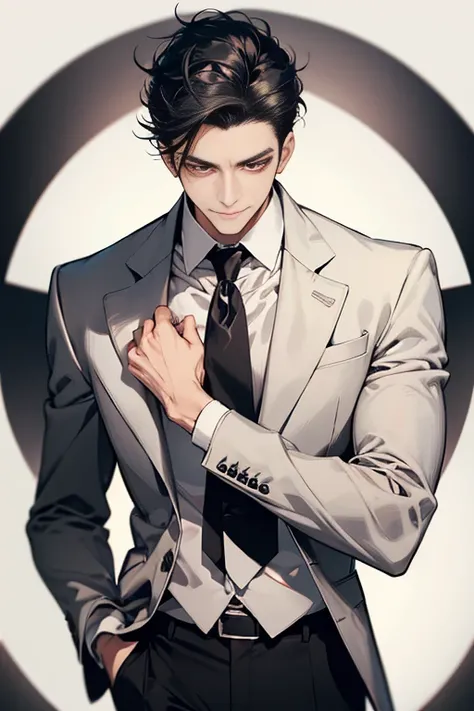 Masterpiece, best quality, finely details, red eyes, short gray black hair, smirk facial expression, white shirt, elegant, black suit. 34 years. Mature male.