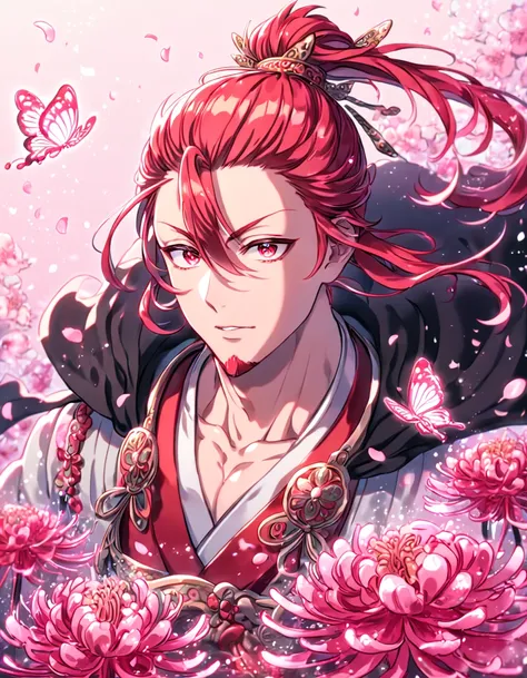 absurd resolution, high resolution, ultra detailed, detailed eyes, extremely detailed, HDR, 8K, Ren Kouen, red hair, hair tied back into a topknot, hair between the eyes, red goatee, expressive red eyes, Magi The Labyrinth of Magic, solo, sexy man, handsom...