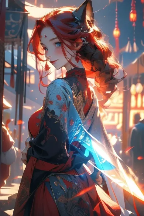 Perfect face. Perfect hands. A red haired woman with one blue eye and one red eye with an hourglass figure and red fox ears and seven fluffy fox tails is spinning a blade while smiling at the festival