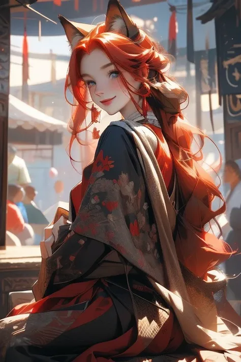 Perfect face. Perfect hands. A red haired woman with one blue eye and one red eye with an hourglass figure and red fox ears and seven fluffy fox tails is sitting on a bench while smiling at the festival