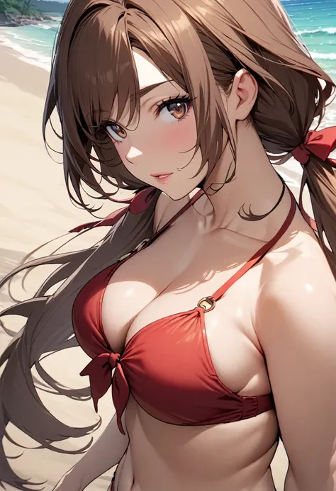 Solo, 1girl, Long Hair, brown hair, brown eyes, mature, high detail, low twin tails, red bow, high detail, beautiful eyes, beautiful color, beach, bikini, 