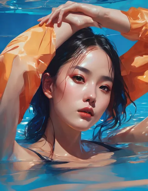 arafed image of a woman in a pool with a blue background, inspired by Yanjun Cheng, guweiz, artwork in the style of guweiz, yanjun chengt, by Yang J, inspired by Fenghua Zhong, inspired by WLOP, by Yanjun Cheng, ilya kuvshinov. 4 k, wlop glossy skin