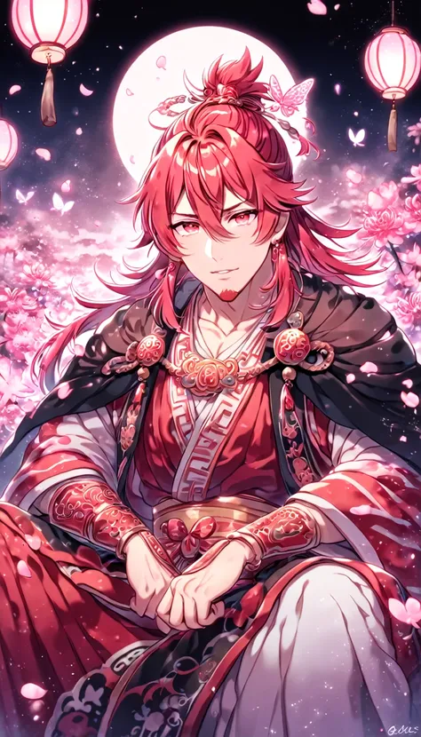 absurd resolution, high resolution, ultra detailed, detailed eyes, extremely detailed, HDR, 8K, Ren Kouen, red hair, hair tied into a topknot, hair between the eyes, medium length hair, red goatee, expressive red eyes, Magi The Labyrinth of Magic, solo, se...