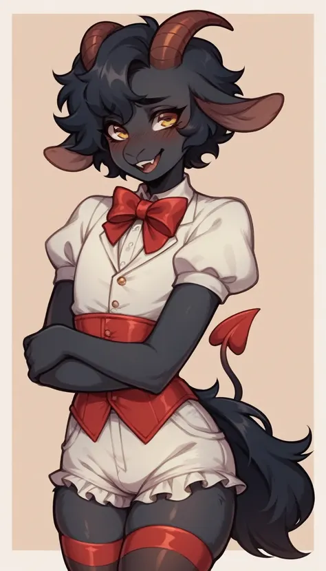 Best quality, Super detailed illustration, (anthro Fluffy goat boy:1.4), (matte black fur color:1.4), feminine face and body, disheveled thick hair, elegant outfit with bow tie, tailcoat, short shorts, Tight stockings, shy smile, a femboy, small waist, wid...