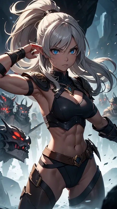 (masterpiece), best quality, expressive eyes, perfect face, perfect body, fitness body, full body armor, sword,   abs, ripped physique, full body view, boots

A female elf warrior, her face etched with determination, fights off a horde of grotesque goblins...