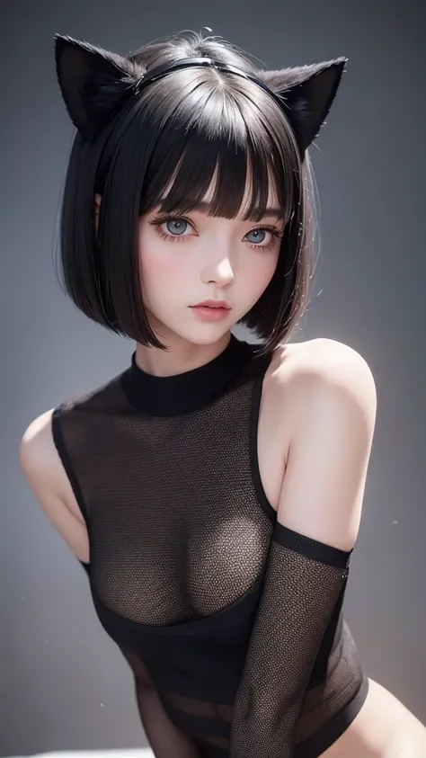 Delicate and dainty young woman with shiny bob-cut black hair and cat ears. She is wearing fit body knitted sweater . The background is a fantastic and ethereal night sky that seems to be haunted by a specter. Her expression is stern and atmospheric. 10 ye...