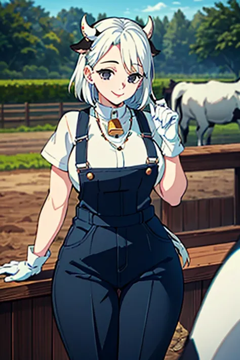 ((Best Quality)), ((masterpiece)), (detailed), 1 girl, short white hair, black locks, black eyes, cow ears, cow horns, big breasts, big thighs, cow tail, smiling expression, long tight blue dungarees pants, White T-shirt, bell necklace, short black gloves,...