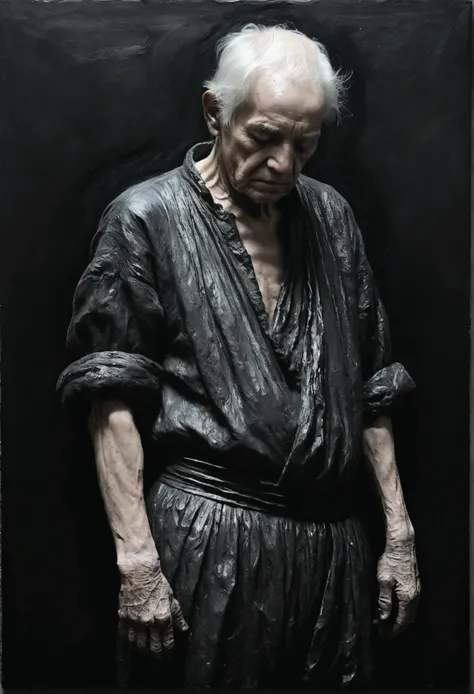 Full view of a painting by (Nicola Samori:1) full body front view,  dramatic high contrast, no light and close up, sketch shading in white on a dark black background, whole old wrinkled body, realism, eyes down