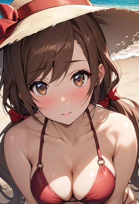 Solo, 1girl, Long Hair, brown hair, brown eyes, mature, high detail, low twin tails, red bow, high detail, beautiful eyes, beautiful color, beach, bikini, cute, medium breasts, adult,  innocent, hat