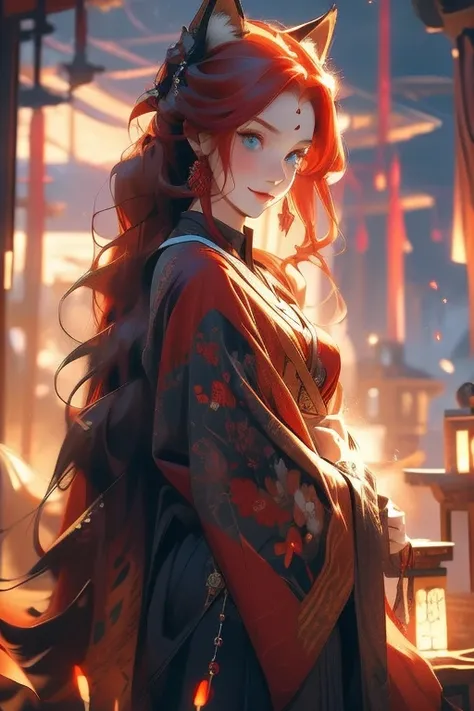 Perfect face. Perfect hands. A red haired woman with one blue eye and one red eye with an hourglass figure and red fox ears and seven fluffy fox tails is watching fireworks while smiling in a shrine