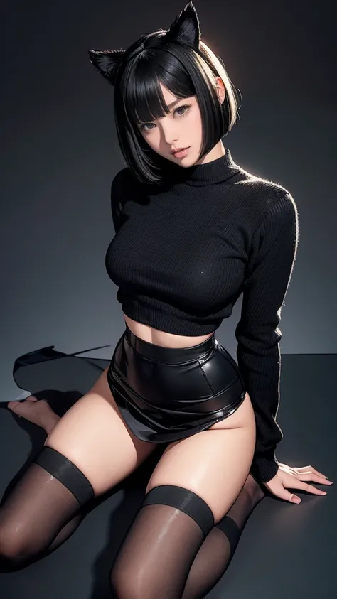 A delicate and pretty young woman with shiny black bob cut hair and cat ears. She is wearing a mini skirt with a tight fitting knit sweater. Background、It&#39;s a magical and fantastical night sky that seems haunted by ghosts.. Her expression is stern and ...