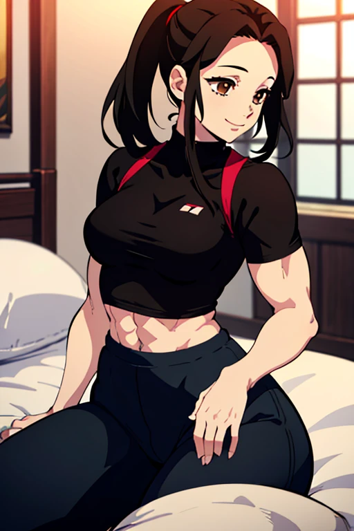 ((Best Quality)), ((masterpiece)), (detailed), 1 girl, long black hair, red locks, Brown eyes, medium large breasts, big thighs, muscular abdomen, flirty expression smiling, tight black cropped t-shirt, tight black athletic pants, at home