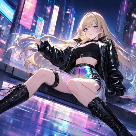 artwork, high quality, detailed background, girl, anime, blonde, long straight hair, light blue eyes,
on her back, wearing long black knee-high boots, transparent iridescent skirt, leather jacket,
in a city, night, colored lights