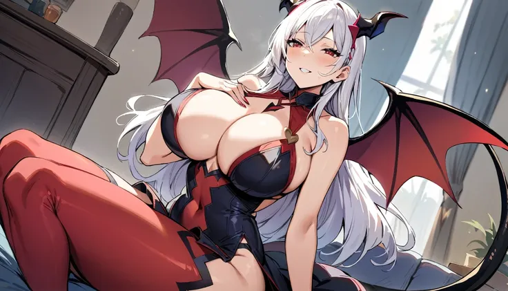 ((best quality)), ((masterpiece)), (detailed), 1 girl, long white hair, black horns, red eyes with hearts, big breasts, big thighs, black succubus tail, sonrisa seductora, vestido rojo provocativo, at home