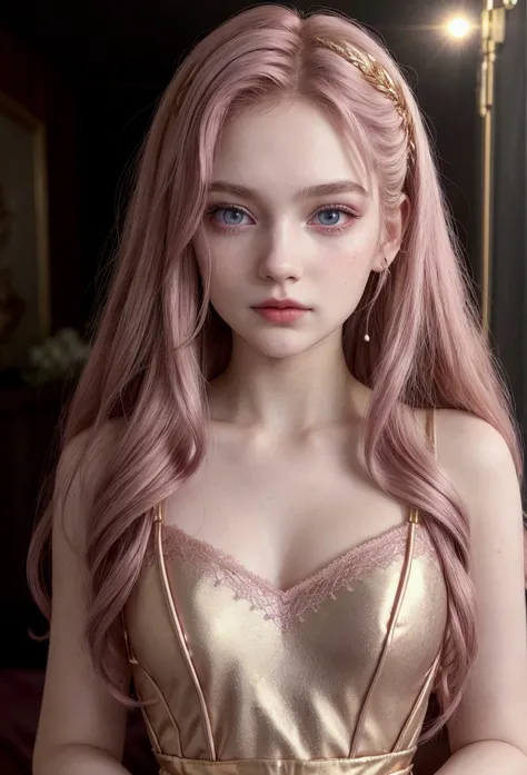 An 18 years old European girl with pale skin and long, wavy rose_gold hair. large and magenta colored eyes, full lips, with an adorable, and innocent face. She should have a happy expression, wearing a pink, gold, and rose gold colored dress, with an elega...