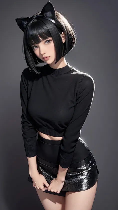 A delicate and pretty girl with shiny black bob cut hair and cat ears., She is wearing a mini skirt with a tight fitting knit sweater, Very slim , Background、It&#39;s a magical and fantastical night sky that seems haunted by ghosts., Her expression is ster...