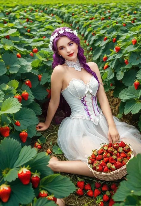 a portrait of a female fairy resting in a (field of strawberries: 1.3) extremely beautiful fairy, ((full body: 1.5)), ((anatomic...