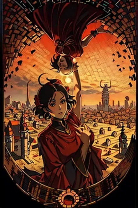 1 girl, expressive black eyes, black short hair, dressed with a red drape ,dancing pose ,black petals fall from the sky in big medieval city in sunset in background, detail richness, masterpiece, best quality, bust plan