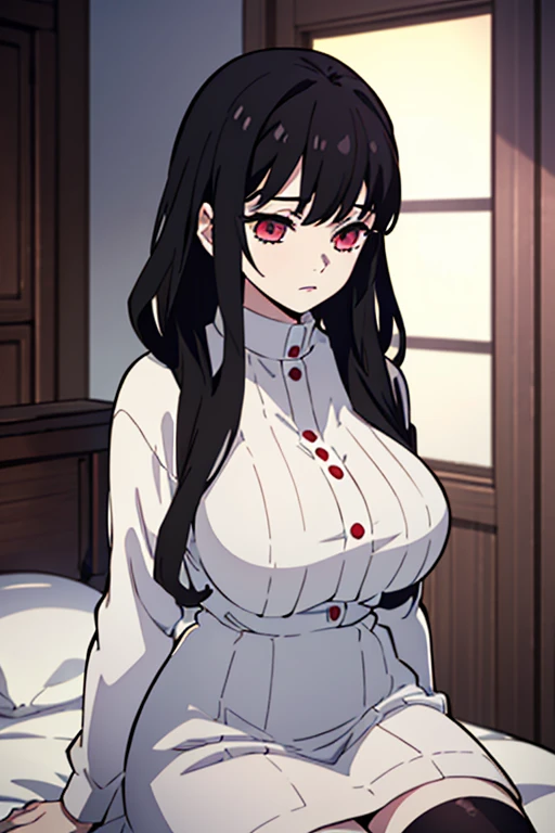 ((Best Quality)), ((masterpiece)), (detailed), 1 girl, black hair, long, Hair covers half of the face, Red eyes, big breasts, big thighs, shy expression, gray skin, White dress, at home