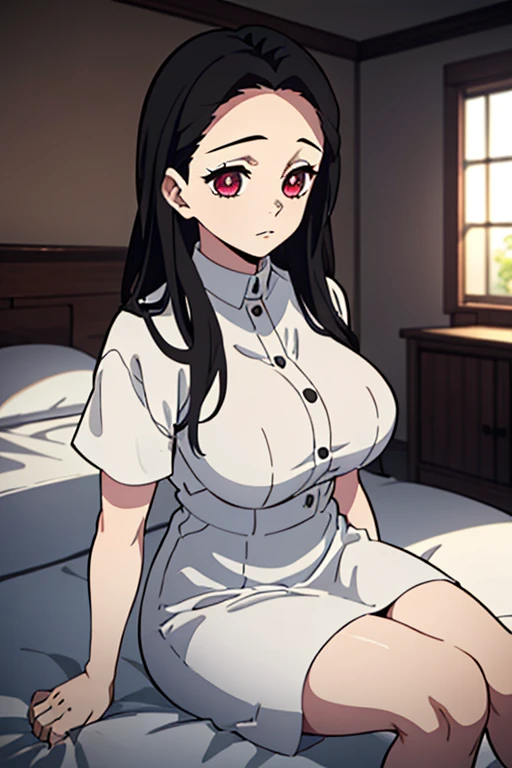 ((Best Quality)), ((masterpiece)), (detailed), 1 girl, black hair, long, Hair covers half of the face, Red eyes, big breasts, big thighs, shy expression, gray skin, White dress, at home