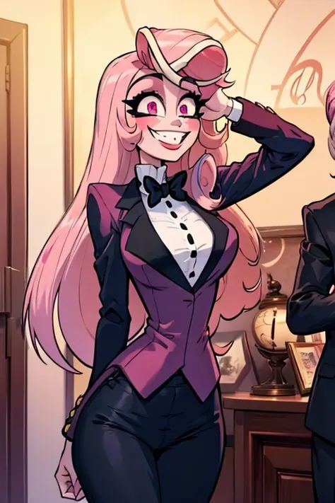 perfect face. perfect hand. a pink haired woman with violet eyes and an hourglass figure in a suit is smiling in a gothic office...