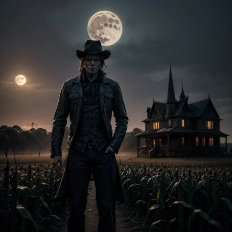 A haunted mansion with broken windows and an ominous full moon in the background.""A scarecrow in a corn field at dusk, with a spooky atmosphere and creeping fog."