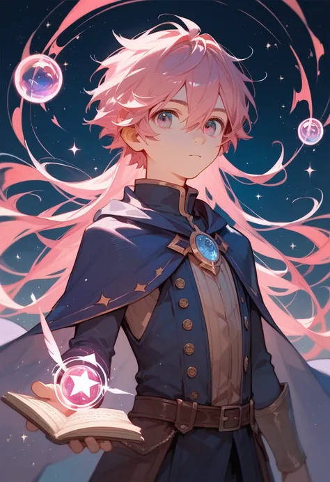 (Score_9,Score_8_up,Score_7_up), masterpiece, anime, cute young boy, wizard, magic, upper half portrait, solo, long hair, hair_between_eyes, complex background, pink hair, cowboy shot