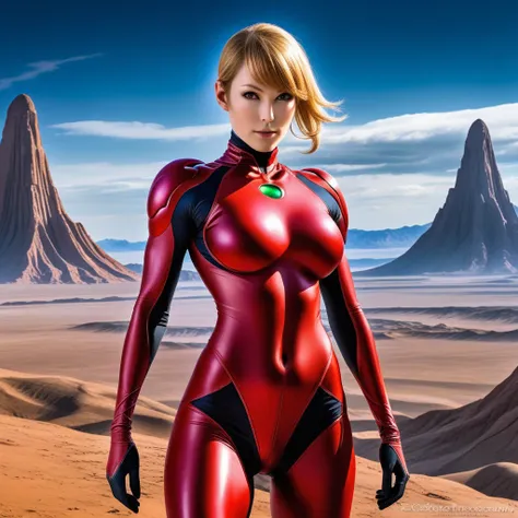 mesmerizingly beautiful RED zero suit samus aran, latex clothing, deserted alien planet landscape, planet in the sky, friendly, inviting, looking at viewer, muscular arms, muscular abs, athletic body, pussy, huge breasts, detailed, raw photo, photorealisti...