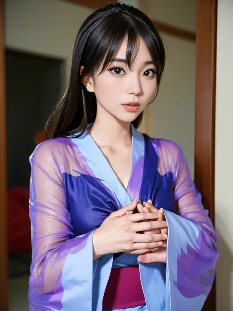 japanese model, very beautiful, breasts big, face perfect,see-through kimono