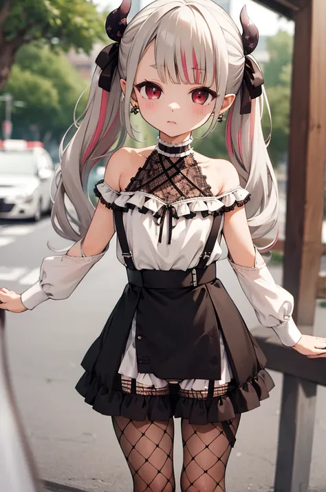 hmnab, multicolored hair, hair bow, twintails, white shirt, black skirt, fishnets, suspender skirt, bare shoulders, earrings, puffy sleeves,blonde,(((petite,lace panties))),outdoor