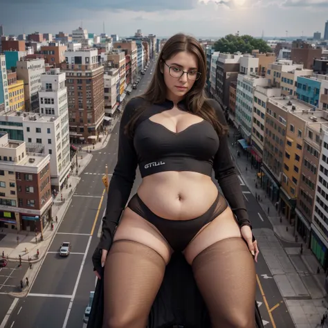 giant Woman with glasses, brown hair, Full body, nilon pans，gtscityskyscraper, giga gigantess (Long legs:1.2)，Beautiful looks，No branding，Perfect lighting，Cinematic quality, 8K, High quality, (GTS:1.5), on the top view, building seat, big belly, perfekt ha...