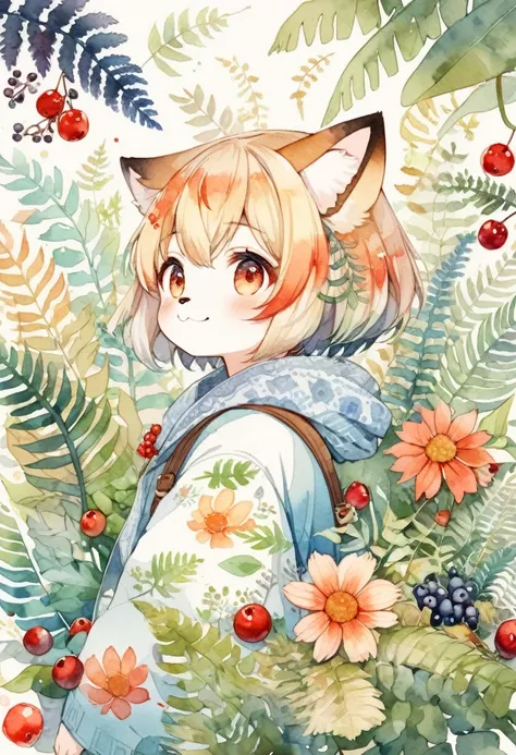 ((super detailed)beautiful flowers, berries, ferns, leaves, watercolor pattern of calming colors)(watercolor texture)(1girl, kemono, furry, short hair, cute)