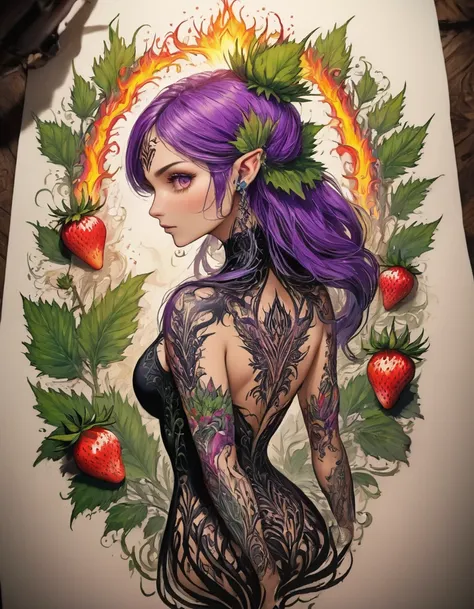 arafed, dark fantasy art, fantasy art, goth art, a picture of a tattoo on the back of a female elf, a glowing tattoo of a ((stra...