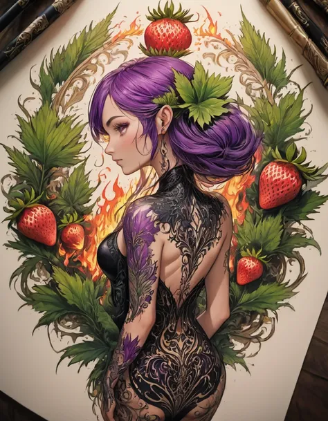 arafed, dark fantasy art, fantasy art, goth art, a picture of a tattoo on the back of a female elf, a glowing tattoo of a ((stra...