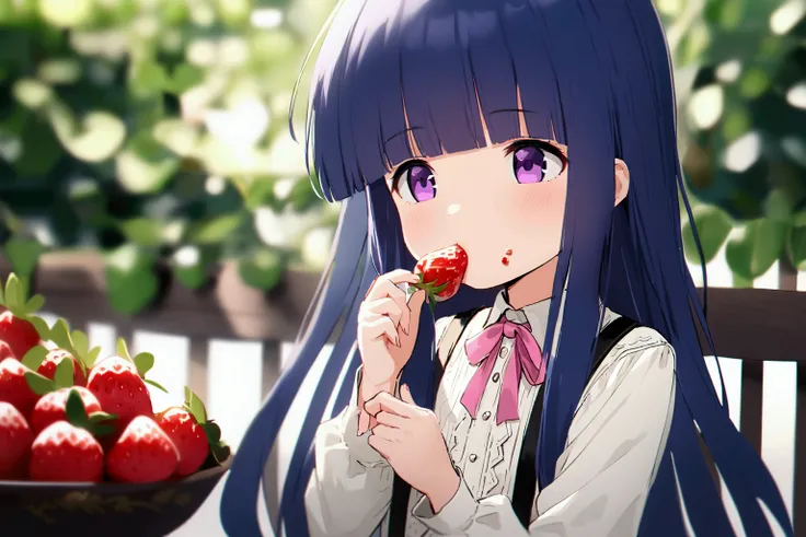 Eating strawberries, girl, alone, (outrageously rich), Blue Hair, Purple eyes, Long Hair, blunt bangs, bangs, I&#39;I&#39;m 11 years old, White shirt, Pink ribbon, suspenders, Black Skirt, depth of field,