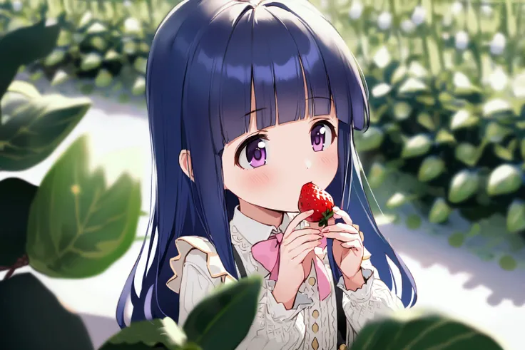 Eating strawberries, girl, alone, (outrageously rich), Blue Hair, Purple eyes, Long Hair, blunt bangs, bangs, I&#39;I&#39;m 11 years old, White shirt, Pink ribbon, suspenders, Black Skirt, depth of field,