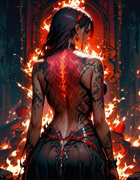 Arafed, Dark fantasy art, fantasy art, goth art, a picture of a tattoo on the back of a female elf, a glowing tattoo of a ((strawberry: 1.3)) on the elfs back, the ((strawberry tattoo)) is vivid, intricate detailed, GlowingRunesAI_red, ((fire surrounds the...