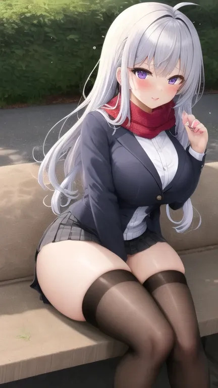 masterpiece, best quality, 1girl, sitting, city, white hair, long hair, purple eyes, buttoned shirt, jacket, scarf, skirt, thigh highs