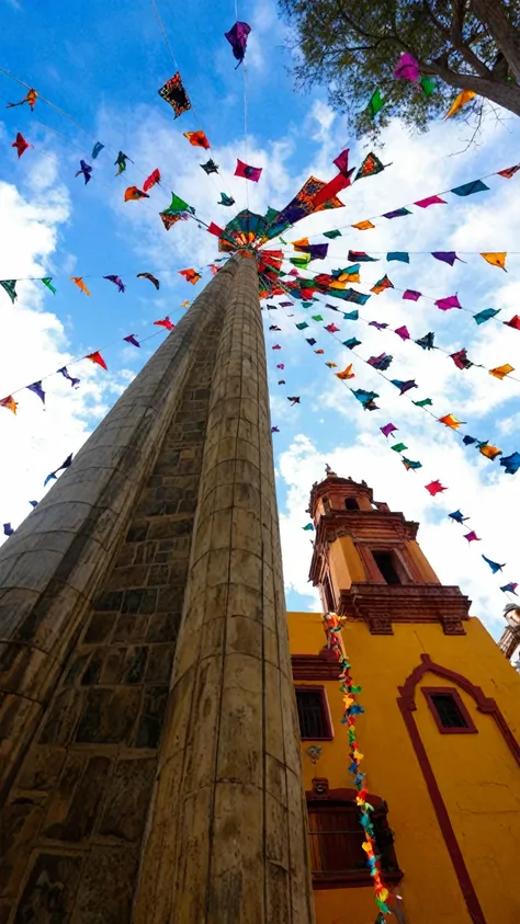 there are many colorful kites flying in the sky above a tall pole, seen from below, details and vivid colors, viewed from the gr...