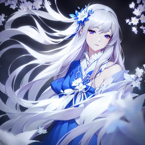 anime girl with long white hair and blue dress with white flowers, violet eyes., detailed fanart, [ artedigital 4k ]!!, highly d...