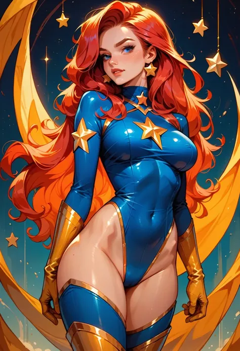 masterpiece, Sexy, Superheroine, Red hair, long hair, busty, ((blue highleg leotard with a t-back thong and a gold star insignia on chest)), gold boots, gold gloves,