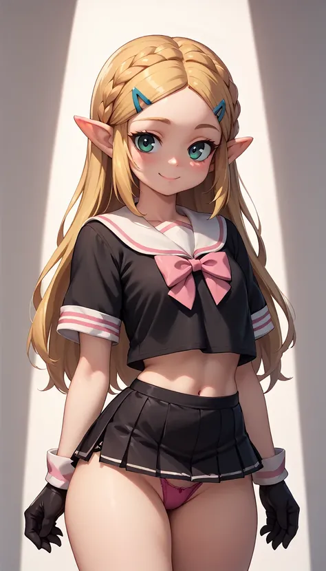 High resolution, Very detailed, perfect lighting, beautiful detailed eyes, ((masterpiece,Best Quality)), absurdities, alone, princess zelda, by the width, crown braid, Hair clip, pointy ears, Gloves without fingers, black gloves, smile, curves, nod, , deep...